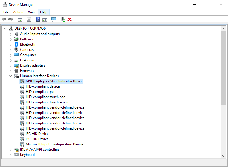 Windows Device Manager Screenshot, with Human Interface Devices Expanded and “GPIO Laptop or Slate Indicator Driver highlighted