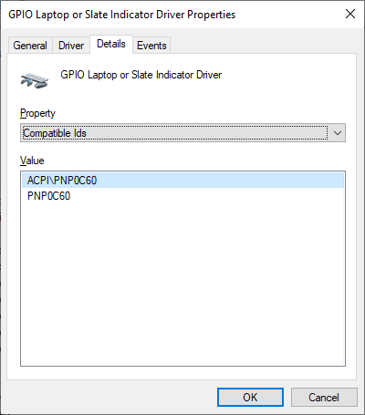 Device Manager screenshot, showing the “Compatible Ids” property of the “GPIO Laptop or Slate Indicator Driver”. The values are “ACPI\PNP0C60” and “PNP0C60”