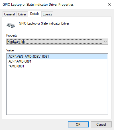 Device Manager screenshot, showing the “Hardware ids” property of the “GPIO Laptop or Slate Indicator Driver”. The values are “ACPI\VEN_AMDI&DEV0081”, “ACPI\AMDI0081” and “*AMDI0081”