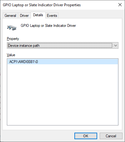 Device Manager screenshot, showing the “Device Instance Path” property of the “GPIO Laptop or Slate Indicator Driver”. The value is “ACPI\AMDI0081\0”